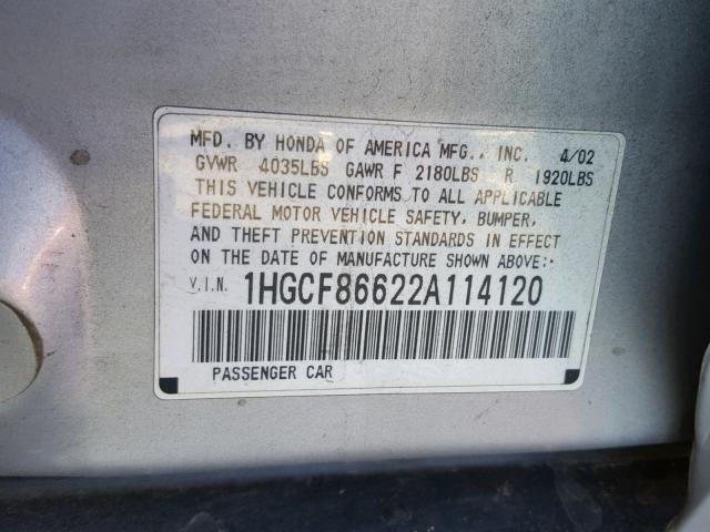 1HGCF86622A114120 - 2002 HONDA ACCORD VAL SILVER photo 10