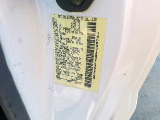 1N6DD21S5YC353889 - 2000 NISSAN FRONTIER X WHITE photo 10