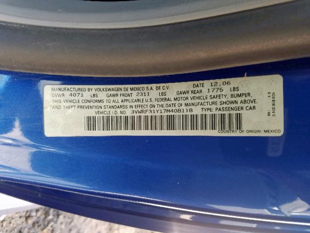 3VWRF31Y17M408118 - 2007 VOLKSWAGEN NEW BEETLE ლურჯი ფოტო 10