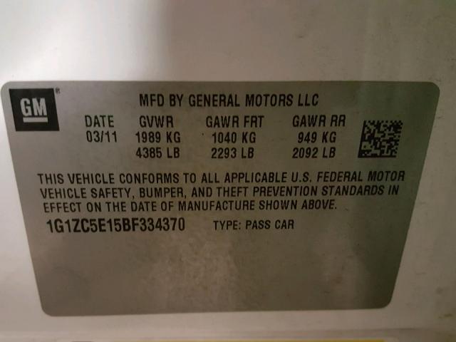 1G1ZC5E15BF334370 - 2011 CHEVROLET MALIBU 1LT თეთრი ფოტო 10