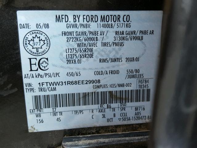 1FTWW31R68EE29908 - 2008 FORD F350 SRW S CHARCOAL photo 10