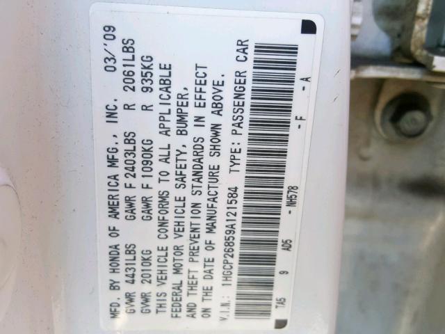 1HGCP26859A121584 - 2009 HONDA ACCORD EXL WHITE photo 10