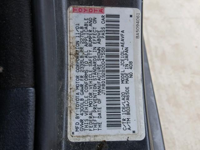 JTHBD192820047558 - 2002 LEXUS IS 300 GRAY photo 10