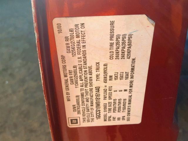 1GCCS19W918161440 - 2001 CHEVROLET S TRUCK S1 RED photo 10