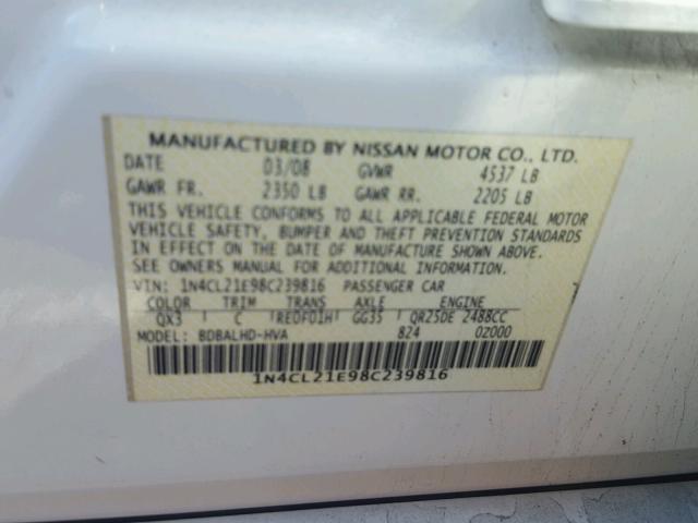 1N4CL21E98C239816 - 2008 NISSAN ALTIMA HYB WHITE photo 10