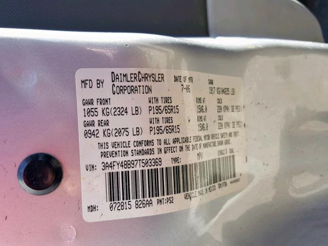 3A4FY48B97T503369 - 2007 CHRYSLER PT CRUISER SILVER photo 10