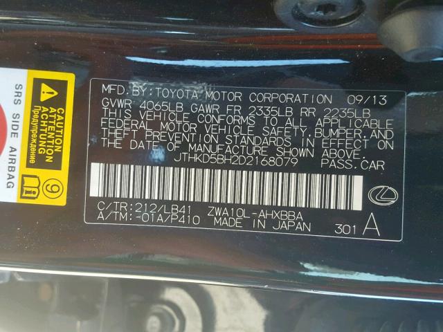 JTHKD5BH2D2168079 - 2013 LEXUS CT 200 BLACK photo 10