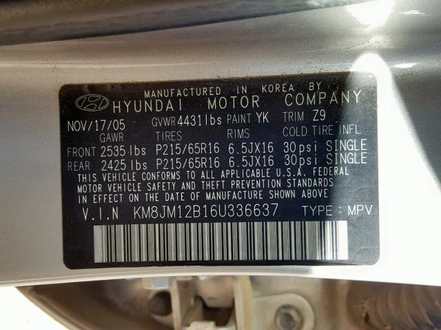 KM8JM12B16U336637 - 2006 HYUNDAI TUCSON GL SILVER photo 10