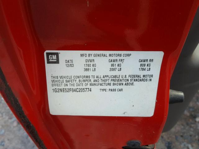 1G2NE52F84C205774 - 2004 PONTIAC GRAND AM S RED photo 10