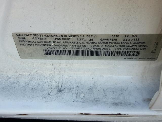 3VWEF71K77M069561 - 2007 VOLKSWAGEN JETTA WOLF WHITE photo 10