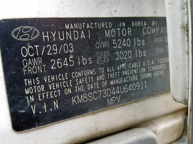 KM8SC73D44U640911 - 2004 HYUNDAI SANTA FE G WHITE photo 10