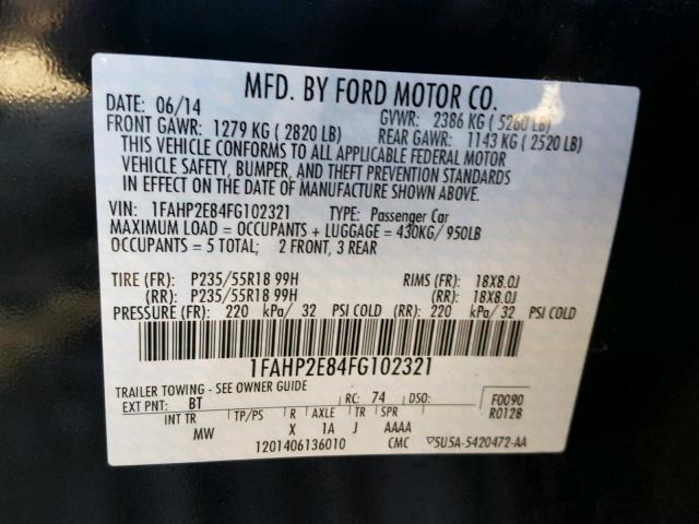 1FAHP2E84FG102321 - 2015 FORD TAURUS SEL BLACK photo 10