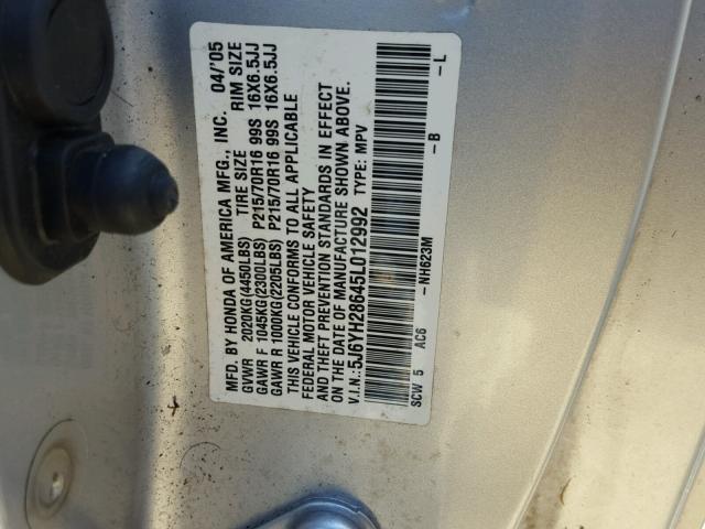 5J6YH28645L012992 - 2005 HONDA ELEMENT EX SILVER photo 10