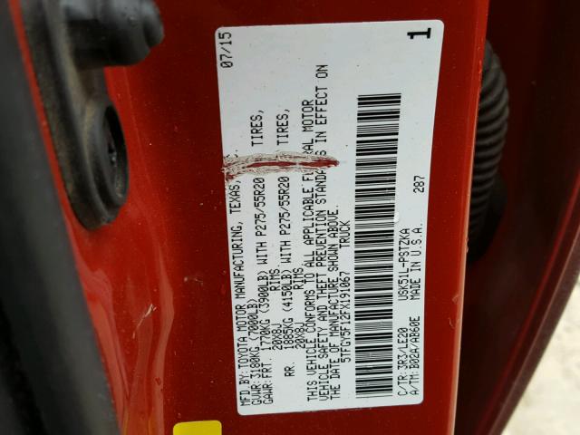 5TFGY5F12FX191067 - 2015 TOYOTA TUNDRA CRE RED photo 10