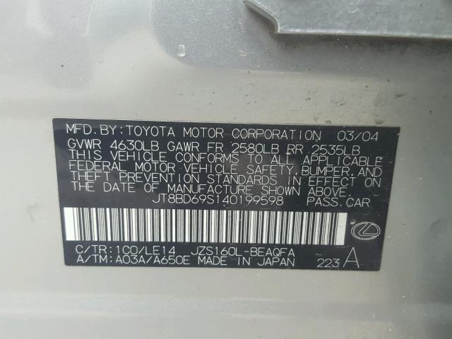 JT8BD69S140199598 - 2004 LEXUS GS 300 SILVER photo 10