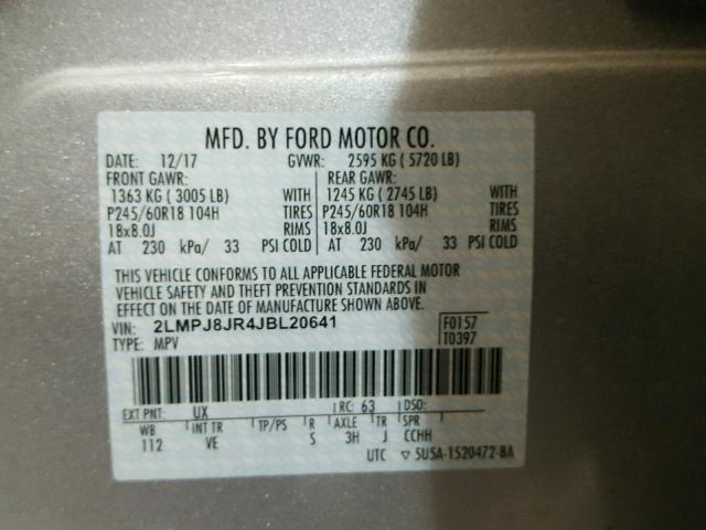 2LMPJ8JR4JBL20641 - 2018 LINCOLN MKX PREMIE SILVER photo 10