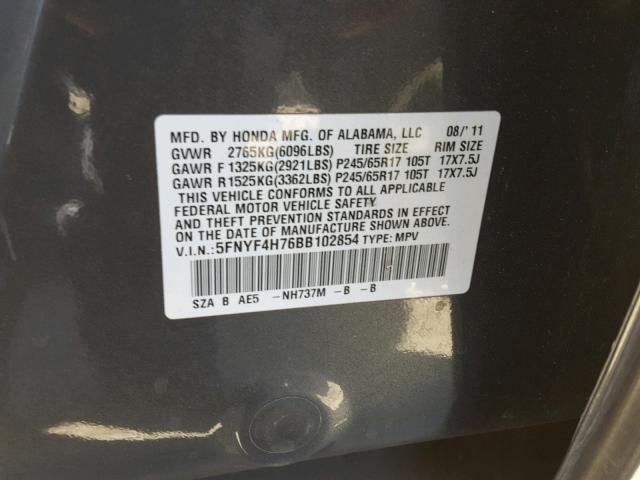 5FNYF4H76BB102854 - 2011 HONDA PILOT EXLN GRAY photo 10