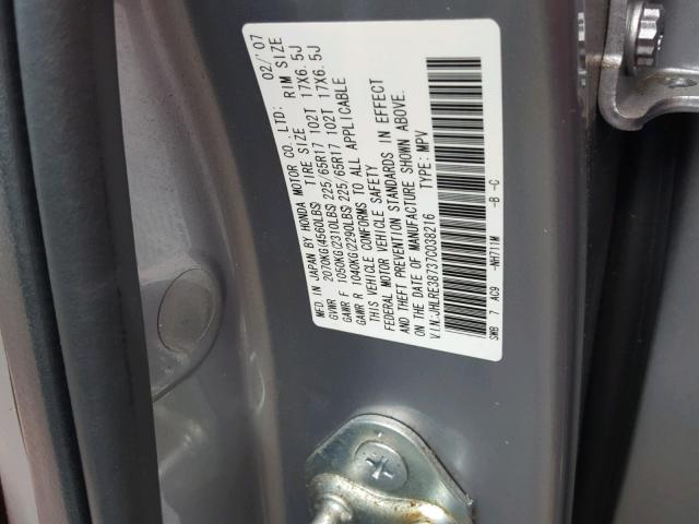 JHLRE38737C038216 - 2007 HONDA CR-V EXL SILVER photo 10