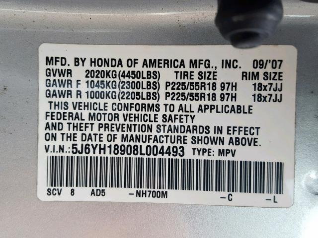 5J6YH18908L004493 - 2008 HONDA ELEMENT SC SILVER photo 10