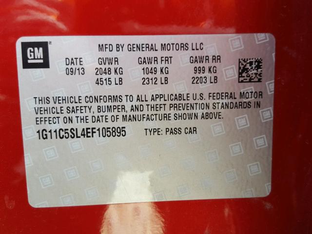 1G11C5SL4EF105895 - 2014 CHEVROLET MALIBU 1LT RED photo 10