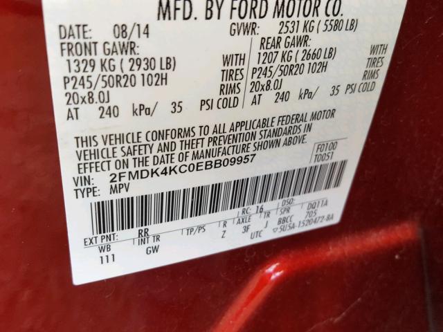 2FMDK4KC0EBB09957 - 2014 FORD EDGE LIMIT RED photo 10