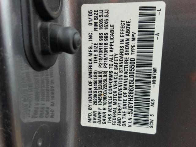 5J6YH286X5L005500 - 2005 HONDA ELEMENT EX GRAY photo 10