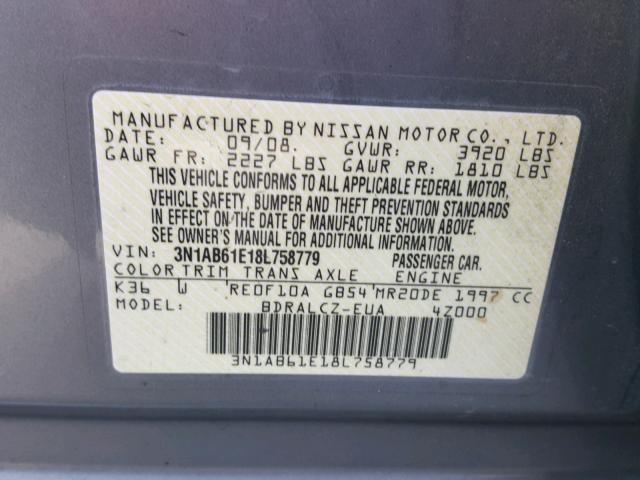 3N1AB61E18L758779 - 2008 NISSAN SENTRA 2.0 GRAY photo 10