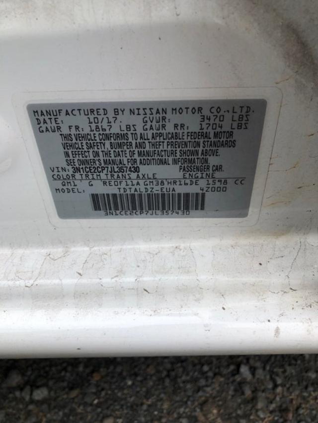 3N1CE2CP7JL357430 - 2018 NISSAN VERSA NOTE WHITE photo 10