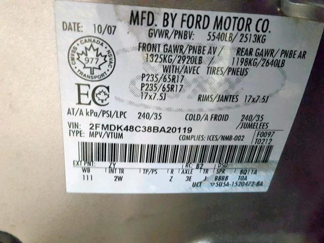 2FMDK48C38BA20119 - 2008 FORD EDGE SEL SILVER photo 10