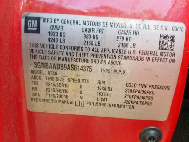 3GNBAADB9AS614375 - 2010 CHEVROLET HHR LS RED photo 10