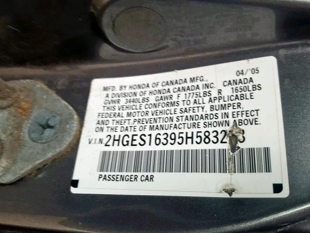 2HGES16395H583213 - 2005 HONDA CIVIC DX V GRAY photo 10