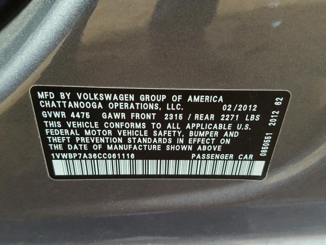 1VWBP7A36CC061116 - 2012 VOLKSWAGEN PASSAT SE GRAY photo 10