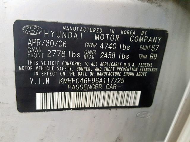 KMHFC46F96A117725 - 2006 HYUNDAI AZERA SE SILVER photo 10