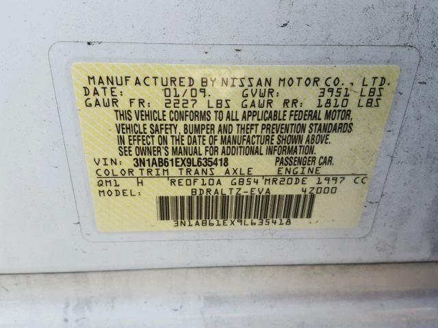 3N1AB61EX9L635418 - 2009 NISSAN SENTRA 2.0 WHITE photo 10