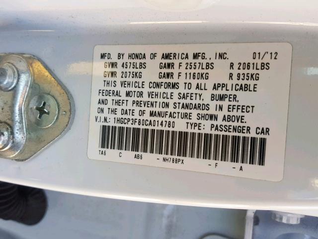 1HGCP3F80CA014780 - 2012 HONDA ACCORD EXL WHITE photo 10