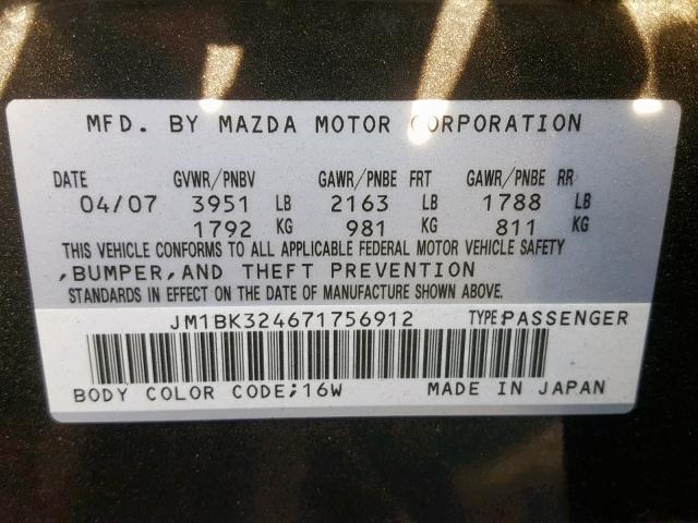 JM1BK324671756912 - 2007 MAZDA 3 S BLACK photo 10