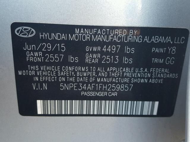 5NPE34AF1FH259857 - 2015 HYUNDAI SONATA SPO SILVER photo 10