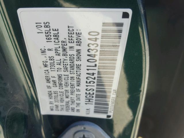 1HGES15241L043340 - 2001 HONDA CIVIC DX GREEN photo 10