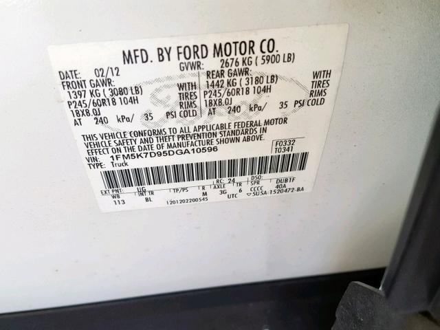 1FM5K7D95DGA10596 - 2013 FORD EXPLORER X WHITE photo 10