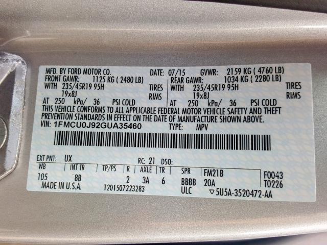 1FMCU0J92GUA35460 - 2016 FORD ESCAPE TIT SILVER photo 10