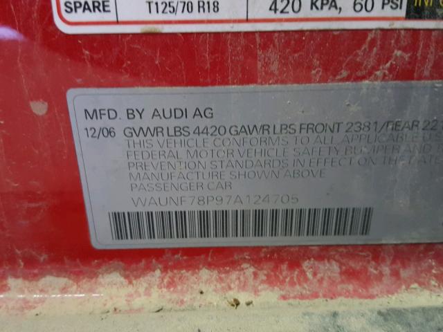 WAUNF78P97A124705 - 2007 AUDI A3 2.0 PRE RED photo 10