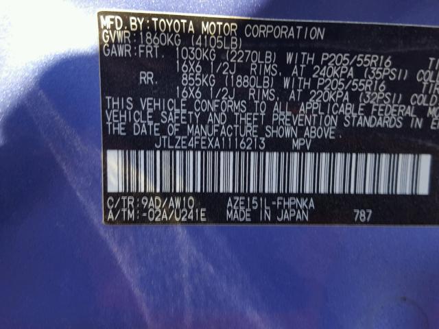 JTLZE4FEXA1116213 - 2010 TOYOTA SCION XB 紫色 照片 10