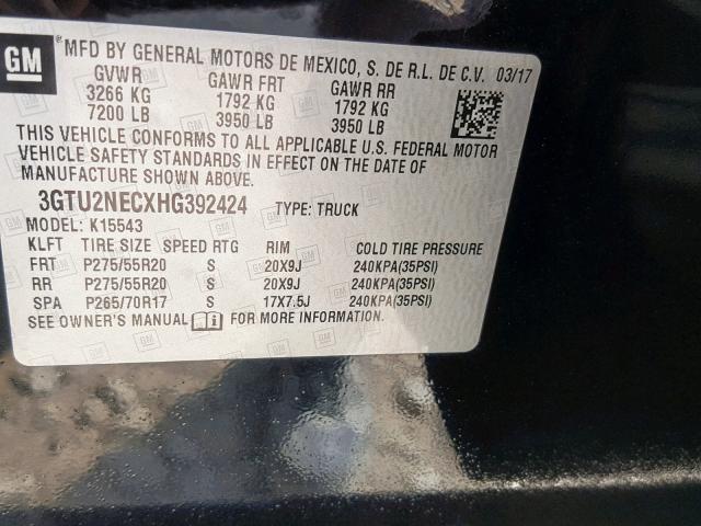 3GTU2NECXHG392424 - 2017 GMC SIERRA K15 BLACK photo 10