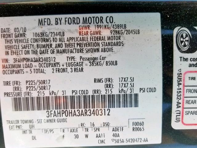 3FAHP0HA3AR340312 - 2010 FORD FUSION SE BLACK photo 10