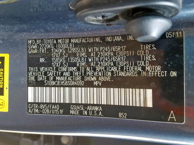 5TDBK3EH5BS084092 - 2011 TOYOTA HIGHLANDER BLUE photo 10