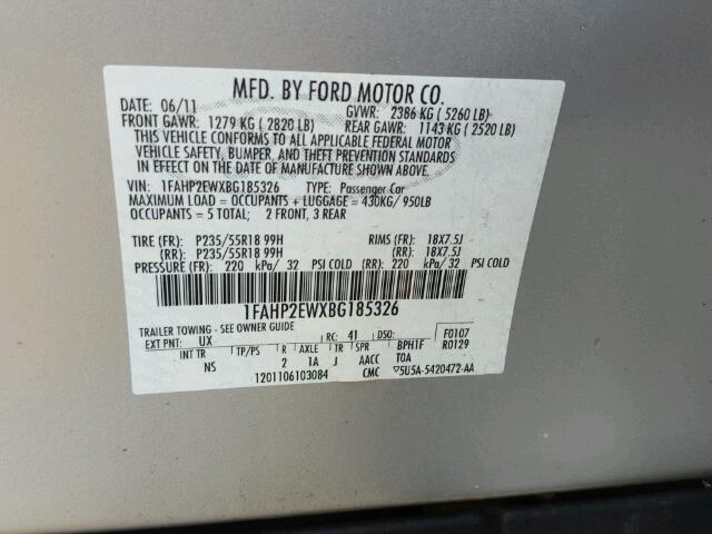 1FAHP2EWXBG185326 - 2011 FORD TAURUS SEL SILVER photo 10