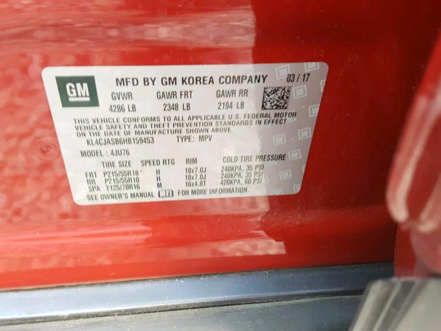 KL4CJASB6HB159453 - 2017 BUICK ENCORE PRE RED photo 10