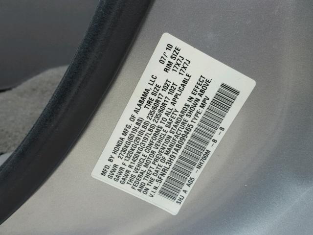 5FNRL3H91AB099465 - 2010 HONDA ODYSSEY TO SILVER photo 10