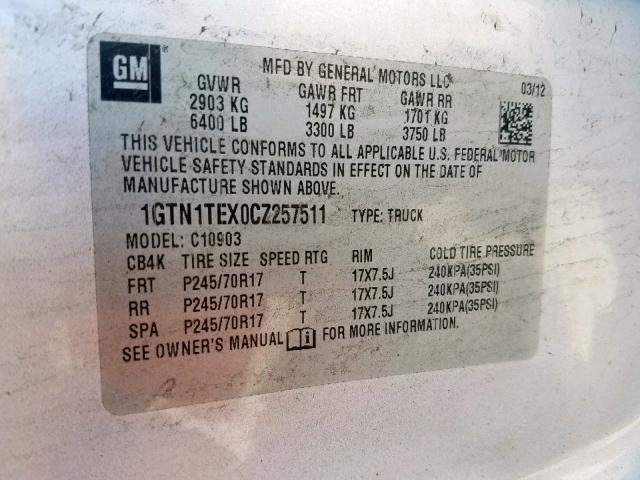 1GTN1TEX0CZ257511 - 2012 GMC SIERRA C15 SILVER photo 10