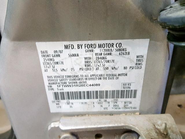 1FTWW31R28EC44089 - 2008 FORD F350 SRW S SILVER photo 10